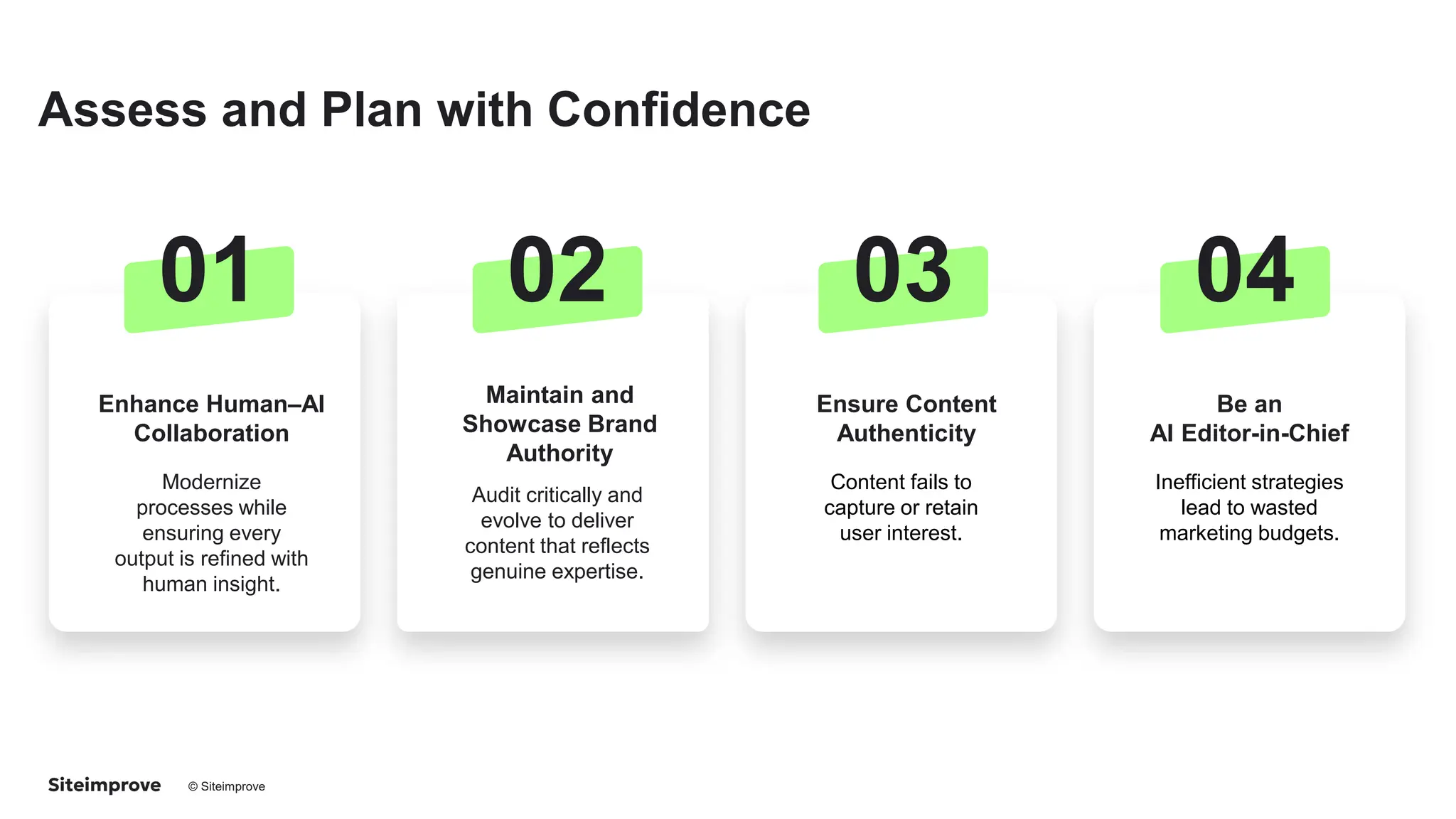© Siteimprove CONFIDENTIAL
Assess and Plan with Confidence
01
Enhance Human–AI
Collaboration
Modernize
processes while
ensuring every
output is refined with
human insight.
02
Maintain and
Showcase Brand
Authority
Audit critically and
evolve to deliver
content that reflects
genuine expertise.
03
Ensure Content
Authenticity
Content fails to
capture or retain
user interest.
04
Be an
AI Editor-in-Chief
Inefficient strategies
lead to wasted
marketing budgets.
 
