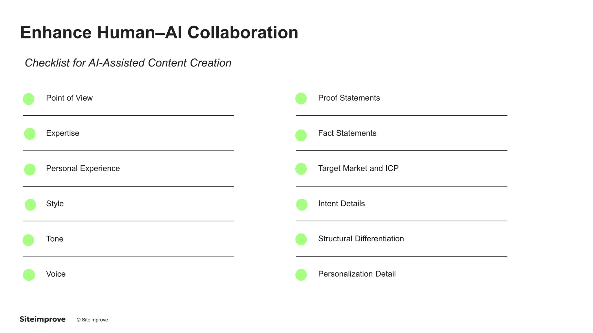 © Siteimprove CONFIDENTIAL
Enhance Human–AI Collaboration
Checklist for AI-Assisted Content Creation
Point of View
Expertise
Personal Experience
Style
Tone
Voice
Proof Statements
Fact Statements
Target Market and ICP
Intent Details
Structural Differentiation
Personalization Detail
 