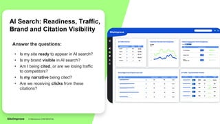 © Siteimprove CONFIDENTIAL
© Siteimprove CONFIDENTIAL
AI Search: Readiness, Traffic,
Brand and Citation Visibility
Answer the questions:
• Is my site ready to appear in AI search?
• Is my brand visible in AI search?
• Am I being cited, or are we losing traffic
to competitors?
• Is my narrative being cited?
• Are we receiving clicks from these
citations?
 