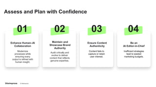 © Siteimprove CONFIDENTIAL
Assess and Plan with Confidence
01
Enhance Human–AI
Collaboration
Modernize
processes while
ensuring every
output is refined with
human insight.
02
Maintain and
Showcase Brand
Authority
Audit critically and
evolve to deliver
content that reflects
genuine expertise.
03
Ensure Content
Authenticity
Content fails to
capture or retain
user interest.
04
Be an
AI Editor-in-Chief
Inefficient strategies
lead to wasted
marketing budgets.
 