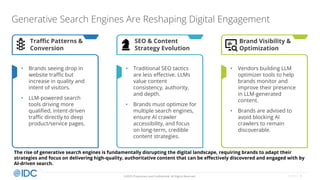 9
© IDC |
©2025 Proprietary and Confidential. All Rights Reserved.
Generative Search Engines Are Reshaping Digital Engagement
• Brands seeing drop in
website traffic but
increase in quality and
intent of visitors.
• LLM-powered search
tools driving more
qualified, intent-driven
traffic directly to deep
product/service pages.
Traffic Patterns &
Conversion
• Traditional SEO tactics
are less effective. LLMs
value content
consistency, authority,
and depth.
• Brands must optimize for
multiple search engines,
ensure AI crawler
accessibility, and focus
on long-term, credible
content strategies.
SEO & Content
Strategy Evolution
• Vendors building LLM
optimizer tools to help
brands monitor and
improve their presence
in LLM-generated
content.
• Brands are advised to
avoid blocking AI
crawlers to remain
discoverable.
Brand Visibility &
Optimization
The rise of generative search engines is fundamentally disrupting the digital landscape, requiring brands to adapt their
strategies and focus on delivering high-quality, authoritative content that can be effectively discovered and engaged with by
AI-driven search.
 