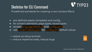 Content Types Team 08.08.2025
● pre-deﬁned assets, templates and conﬁg
● for content elements, page types, record types
● except: language/labels.xlf and conﬁg.yaml
● use content-blocks.yaml for conﬁg.yaml default values
speed up setup process
reduce repetitive tasks, reduce bugs
Skeleton for CLI Command
Predeﬁned standards for creating a new Content Block
 