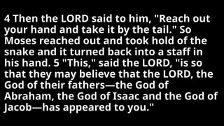 4 Then the LORD said to him, "Reach out
your hand and take it by the tail." So
Moses reached out and took hold of the
snake and it turned back into a staff in
his hand. 5 "This," said the LORD, "is so
that they may believe that the LORD, the
God of their fathers—the God of
Abraham, the God of Isaac and the God of
Jacob—has appeared to you."
 