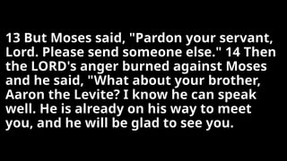 13 But Moses said, "Pardon your servant,
Lord. Please send someone else." 14 Then
the LORD's anger burned against Moses
and he said, "What about your brother,
Aaron the Levite? I know he can speak
well. He is already on his way to meet
you, and he will be glad to see you.
 