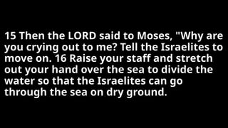 15 Then the LORD said to Moses, "Why are
you crying out to me? Tell the Israelites to
move on. 16 Raise your staff and stretch
out your hand over the sea to divide the
water so that the Israelites can go
through the sea on dry ground.
 