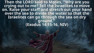 Then the LORD said to Moses, "Why are you
crying out to me? Tell the Israelites to move
on. Raise your staff and stretch out your hand
over the sea to divide the water so that the
Israelites can go through the sea on dry
ground.”
(Exodus 14:15-16, NIV)
 