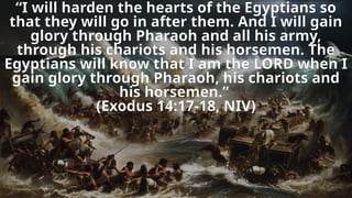 “I will harden the hearts of the Egyptians so
that they will go in after them. And I will gain
glory through Pharaoh and all his army,
through his chariots and his horsemen. The
Egyptians will know that I am the LORD when I
gain glory through Pharaoh, his chariots and
his horsemen.”
(Exodus 14:17-18, NIV)
 