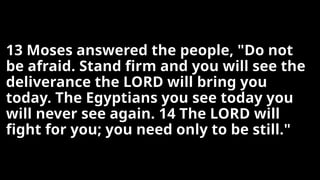 13 Moses answered the people, "Do not
be afraid. Stand firm and you will see the
deliverance the LORD will bring you
today. The Egyptians you see today you
will never see again. 14 The LORD will
fight for you; you need only to be still."
 