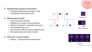 ● Representing quantum information:
• Physically: energy levels, polarization, spins
• Conceptually: 2-level qubits, qudits
● Mathematical model:
• Linear combination of states
• Weighted by a complex number (amplitude)
• Modulus of amplitude = probability of observing
• The probabilities add up to 1
• Each trial give a different outcome (need the bias)
• Each qubit doubles the number of states
● Why such a weird model?
• because... that agrees with the experiments!
0 (and/or) 1
2n states
1 state
when observed
q = z0 + z1
q = 1 q = 1
p(0)=|z0| p(1)=|z1|
Kurzgesagt – In a Nutshell
 