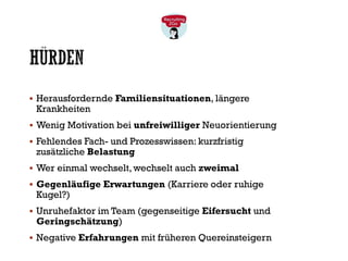 HÜRDEN
▪ Herausfordernde Familiensituationen, längere
Krankheiten
▪ Wenig Motivation bei unfreiwilliger Neuorientierung
▪ Fehlendes Fach- und Prozesswissen: kurzfristig
zusätzliche Belastung
▪ Wer einmal wechselt, wechselt auch zweimal
▪ Gegenläufige Erwartungen (Karriere oder ruhige
Kugel?)
▪ Unruhefaktor im Team (gegenseitige Eifersucht und
Geringschätzung)
▪ Negative Erfahrungen mit früheren Quereinsteigern
 