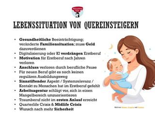 LEBENSSITUATION VON QUEREINSTEIGERN
• Gesundheitliche Beeinträchtigung;
veränderte Familiensituation; muss Geld
dazuverdienen
• Digitalisierung oder KI verdrängen Erstberuf
• Motivation für Erstberuf nach Jahren
verloren
• Anschluss verloren durch berufliche Pause
• Für neuen Beruf gibt es noch keinen
regulären Ausbildungsweg
• Sinnstiftender Aspekt / Systemrelevanz /
Kontakt zu Menschen hat im Erstberuf gefehlt
• Arbeitsagentur schlägt vor, sich in einen
Mangelbereich umzuorientieren
• Traumberuf nicht im ersten Anlauf erreicht
• Quarterlife Crisis & Midlife Crisis
• Wunsch nach mehr Sicherheit
Bild von Honest_Graphic auf Pixabay
 