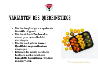 VARIANTEN DES QUEREINSTIEGS
• Möchte langfristig als ungelernte
Aushilfe tätig sein
• Möchte sich mit Erstberuf in
einem ganz neuen Umfeld
einbringen
• Möchte nach relativ kurzer
Qualifzierungsmaßnahme
einsteigen
• Ist bereit, für zweite berufliche
Laufbahn noch einmal eine
komplette Ausbildung / Studium
zu absolvieren Bild von Antonio Jose Cespedes auf Pixabay
 