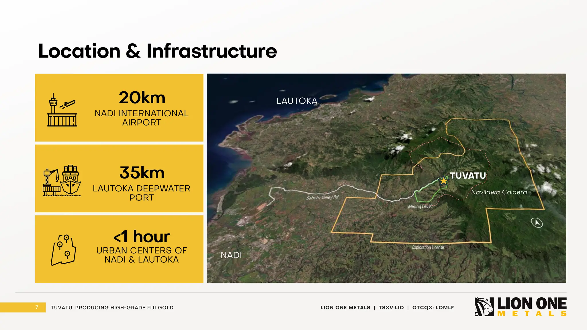 7 LION ONE METALS | TSXV:LIO | OTCQX: LOMLF
TUVATU: PRODUCING HIGH - GRADE FIJI GOLD
Location & Infrastructure
20km
NADI INTERNATIONAL
AIRPORT
35km
LAUTOKA DEEPWATER
PORT
<1 hour
URBAN CENTERS OF
NADI & LAUTOKA
LAUTOKA
NADI
TUVATU
Navilawa Caldera
 