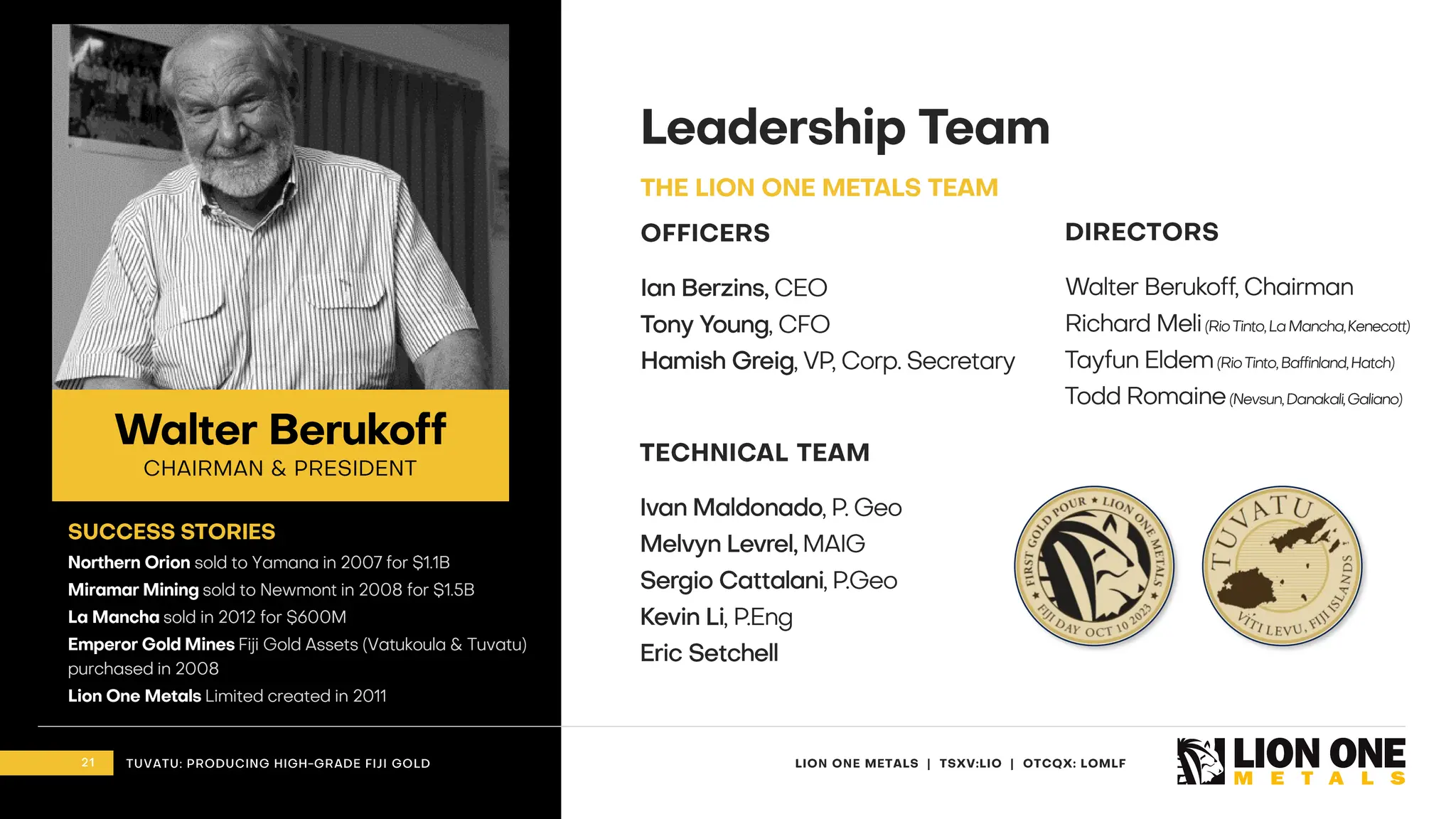 21 LION ONE METALS | TSXV:LIO | OTCQX: LOMLF
TUVATU: PRODUCING HIGH - GRADE FIJI GOLD
SUCCESS STORIES
Northern Orion sold to Yamana in 2007 for $1.1B
Miramar Mining sold to Newmont in 2008 for $1.5B
La Mancha sold in 2012 for $600M
Emperor Gold Mines Fiji Gold Assets (Vatukoula & Tuvatu)
purchased in 2008
Lion One Metals Limited created in 2011
Leadership Team
OFFICERS
Ian Berzins, CEO
Tony Young , CFO
Hamish Greig , VP, Corp. Secretary
DIRECTORS
Walter Berukoff, Chairman
Richard Meli (Rio Tinto, La Mancha, Kenecott )
Tayfun Eldem (Rio Tinto, Baffinland, Hatch)
Todd Romaine (Nevsun, Danakali , Galiano)
THE LION ONE METALS TEAM
21 LION ONE METALS | TSXV:LIO | OTCQX: LOMLF
TUVATU: PRODUCING HIGH - GRADE FIJI GOLD
Walter Berukoff
CHAIRMAN & PRESIDENT
TECHNICAL TEAM
Ivan Maldonado , P. Geo
Melvyn Levrel, MAIG
Sergio Cattalani ,P.Geo
Kevin Li ,P.Eng
Eric Setchell
 