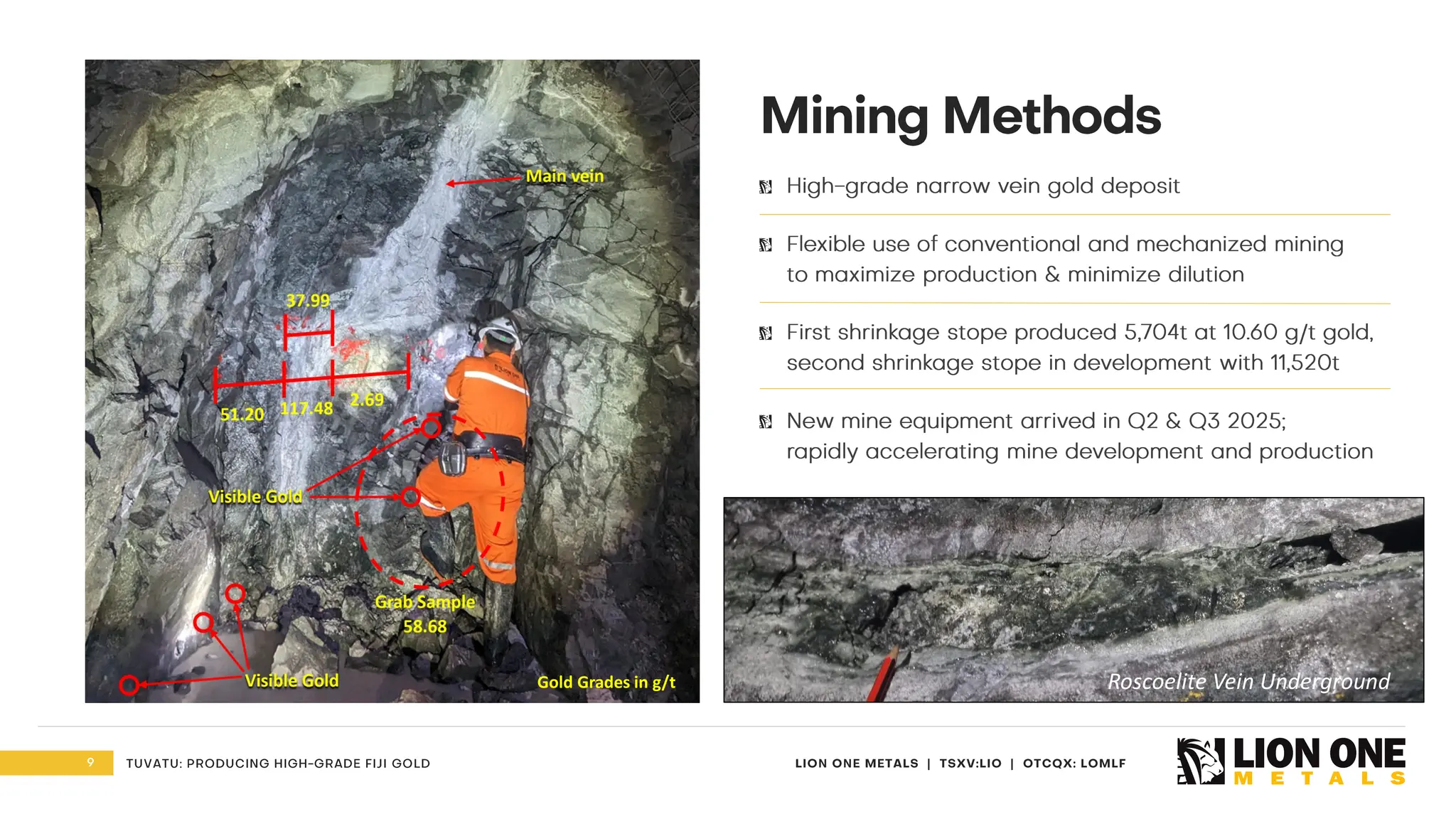 9 LION ONE METALS | TSXV:LIO | OTCQX: LOMLF
TUVATU: PRODUCING HIGH - GRADE FIJI GOLD
Mining Methods
High - grade narrow vein gold deposit
Flexible use of conventional and mechanized mining
to maximize production & minimize dilution
First shrinkage stope produced 5,704t at 10.60 g/t gold,
second shrinkage stope in development with 11,520t
New mine equipment arrived in Q2 & Q3 2025;
rapidly accelerating mine development and production
Early - stage mining is returning higher
grades & better widths than expected
TUVATU
Gold Grades in g/t Roscoelite Vein Underground
 