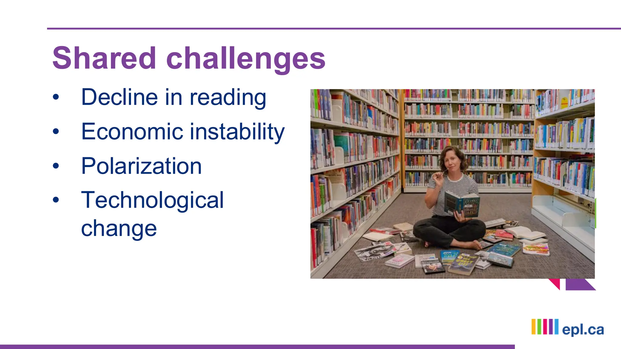 Shared challenges
• Decline in reading
• Economic instability
• Polarization
• Technological
change
 
