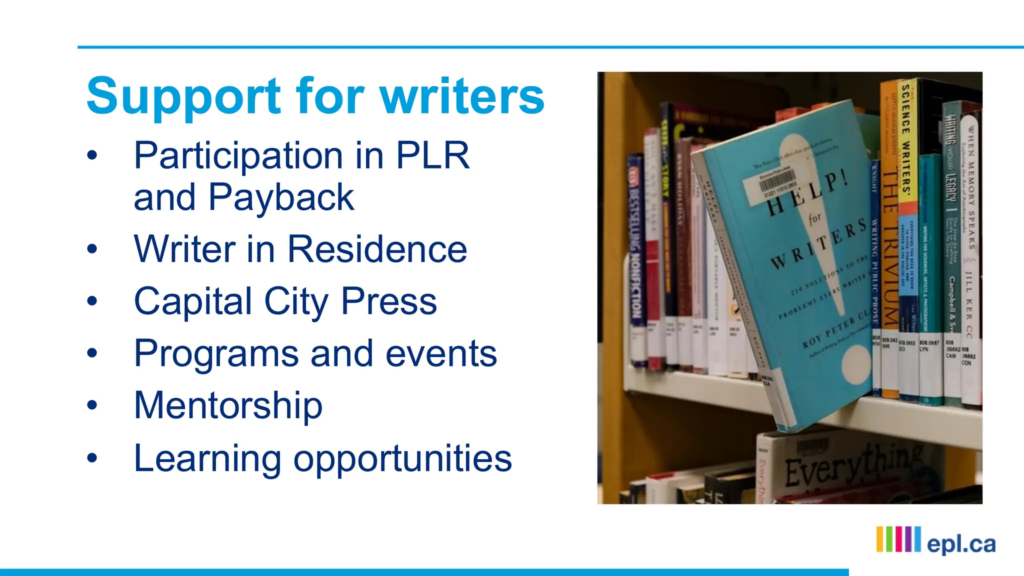 Support for writers
• Participation in PLR
and Payback
• Writer in Residence
• Capital City Press
• Programs and events
• Mentorship
• Learning opportunities
 