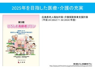2025年を目指した医療・介護の充実
第５期ひろしま高齢者プラン
http://www.pref.hiroshima.lg.jp/soshiki/63/koureishapuran5.html
広島県老人福祉計画・介護保険事業支援計画
＇平成 24＇2012（～ 26＇2014（年度（
 