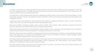 energy
to inspire the world
100
Disclaimer
Luca Passa, in his position as manager responsible for the preparation of financial reports, certifies pursuant to paragraph 2, article 154-
bis of the Legislative Decree n. 58/1998, that data and accounting information disclosures herewith set forth correspond to the
company’s evidence and accounting books and entries.
This presentation contains forward-looking statements regarding future events and the future results of Snam that are based on current
expectations, estimates, forecasts, and projections about the industries in which Snam perates and the beliefs and assumptions of the
management of Snam.
In particular, among other statements, certain statements with regard to management objectives, trends in results of operations,
margins, costs, return on equity, risk management are forward-looking in nature.
Words such as ‘expects’, ‘anticipates’, ‘targets’, ‘goals’, ‘projects’, ‘intends’, ‘plans’, ‘believes’, ‘seeks’, ‘estimates’, variations of such words,
and similar expressions are intended to identify such forward-looking statements.
These forward-looking statements are only predictions and are subject to risks, uncertainties, and assumptions that are difficult to
predict because they relate to events and depend on circumstances that will occur in the future.
Therefore, Snam’s actual results may differ materially and adversely from those expressed or implied in any forward-looking statements.
Factors that might cause or contribute to such differences include, but are not limited to, economic conditions globally, political,
economic and regulatory developments in Italy and internationally.
Any forward-looking statements made by or on behalf of Snam speak only as of the date they are made. Snam does not undertake to
update forward-looking statements to reflect any changes in Snam’s expectations with regard thereto or any changes in events,
conditions or circumstances on which any such statement is based.
The reader should, however, consult any further disclosures Snam may make in documents it files with the Italian Securities and
Exchange Commission and with the Italian Stock Exchange.
 