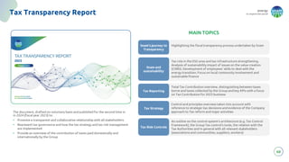 energy
to inspire the world
68
Tax Transparency Report
Snam’s journey to
Transparency
Highlighting the fiscal transparency process undertaken by Snam
Snam and
sustainability
Tax role in the ESG area and tax infrastructure strengthening.
Analysis of sustainability impact of issues on the value creation
(CSRD). Development of employees' skills to deal with the
energy transition. Focus on local community involvement and
sustainable finance
Tax Reporting
Total Tax Contribution overview, distinguishing between taxes
borne and taxes collected by the Group and key KPIs with a focus
on Tax Contribution for 2023 business
Tax Strategy
Control and principles overview taken into account with
reference to strategic tax decisions and evidence of the Company
approach to Tax reform and major activities
Tax Risk Controls
An outline on the control system’s architecture (e.g. Tax Control
Framework), the Group Tax control’s tools, the relation with the
Tax Authorities and in general with all relevant stakeholders
(associations and communities, suppliers, workers)
MAIN TOPICS
The document, drafted on voluntary basis and published for the second time in
in 2024 (fiscal year 2023) to:
• Promote a transparent and collaborative relationship with all stakeholders
• Represent tax governance and how the tax strategy and tax risk management
are implemented
• Provide an overview of the contribution of taxes paid domestically and
internationally by the Group
 