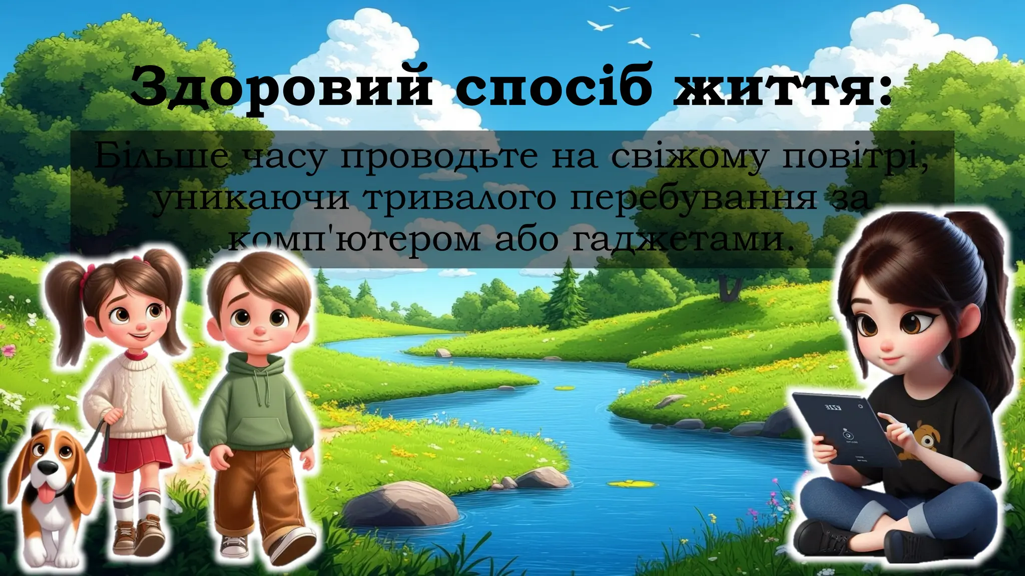 Здоровий спосіб життя:
Більше часу проводьте на свіжому повітрі,
уникаючи тривалого перебування за
комп'ютером або гаджетами.
 