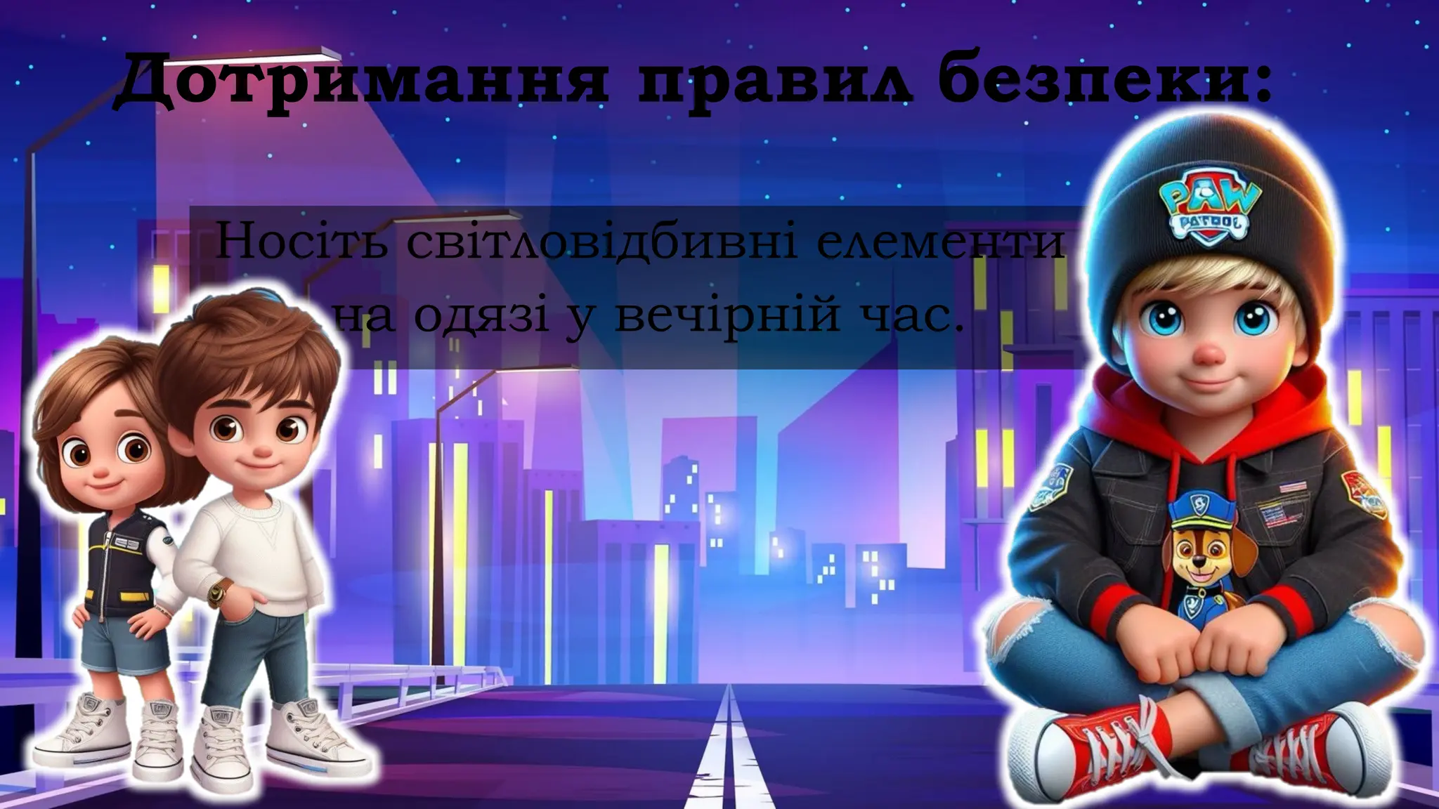 Дотримання правил безпеки:
Носіть світловідбивні елементи
на одязі у вечірній час.
 