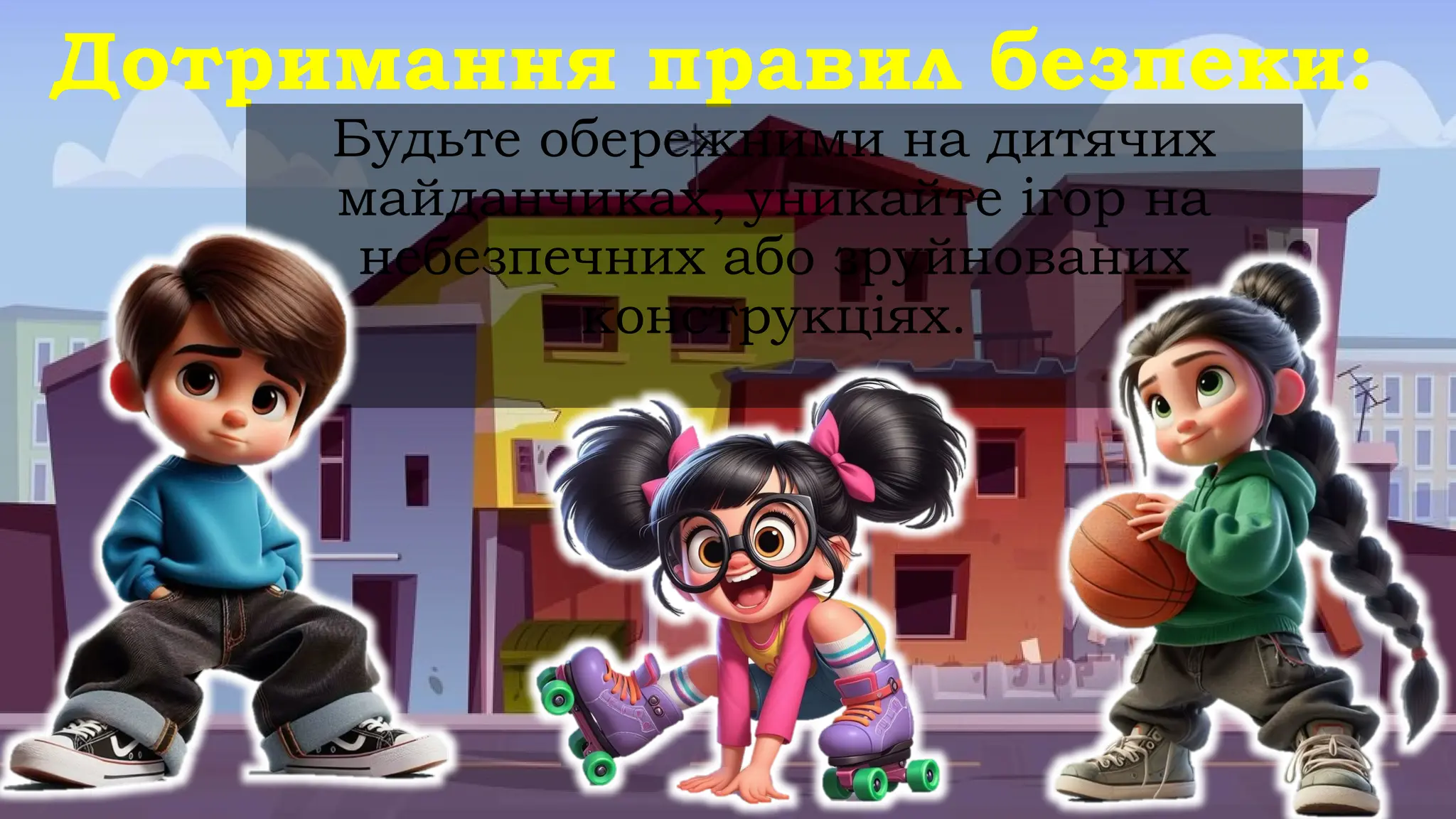 Дотримання правил безпеки:
Будьте обережними на дитячих
майданчиках, уникайте ігор на
небезпечних або зруйнованих
конструкціях.
 