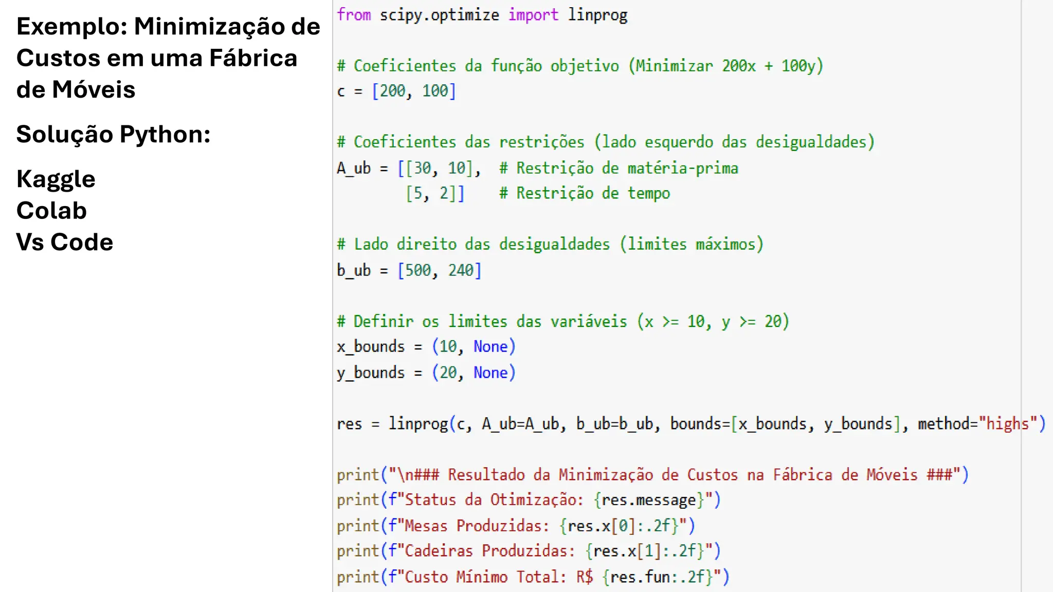 Exemplo: Minimização de
Custos em uma Fábrica
de Móveis
Solução Python:
Kaggle
Colab
Vs Code
 