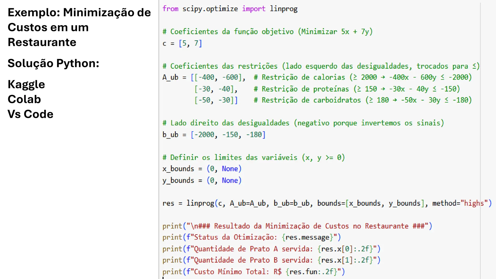 Exemplo: Minimização de
Custos em um
Restaurante
Solução Python:
Kaggle
Colab
Vs Code
 