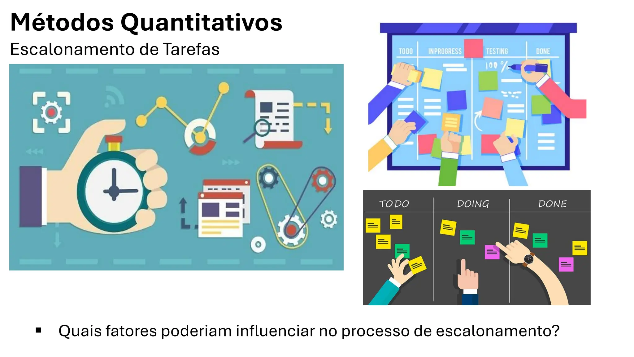Métodos Quantitativos
Escalonamento de Tarefas
▪ Quais fatores poderiam influenciar no processo de escalonamento?
 