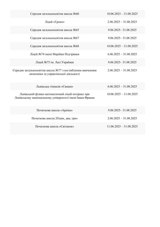 Середня загальноосвітня школа №60 10.06.2025 – 31.08.2025
Ліцей «Гроно» 2.06.2025 – 31.08.2025
Середня загальноосвітня школа №65 9.06.2025– 31.08.2025
Середня загальноосвітня школа №67 9.06.2025– 31.08.2025
Середня загальноосвітня школа №68 10.06.2025 – 31.08.2025
Ліцей №74 імені Марійки Підгірянки 6.06.2025 – 31.08.2025
Ліцей №75 ім. Лесі Українки 9.06.2025– 31.08.2025
Середня загальноосвітня школа №77 з поглибленим вивченням
економіки та управлінської діяльності
2.06.2025 – 31.08.2025
Львівська гімназія «Євшан» 6.06.2025 – 31.08.2025
Львівський фізико-математичний ліцей-інтернат при
Львівському національному університеті імені Івана Франка
10.06.2025 – 31.08.2025
Початкова школа «Арніка» 9.06.2025– 31.08.2025
Початкова школа 2Один, два, три» 2.06.2025 – 31.08.2025
Початкова школа «Світанок» 11.06.2025 – 31.08.2025
 