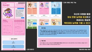 < 결과 페이지
< 다른 유형도 확인 가능
^틀린문제 해설 제공
자신의 유형을 통해
정보 판별 능력을 점검하고
제공되는 해설로
팩트체킹 능력을 기를 수 있다!
 