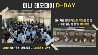 미니 데모데이 D-DAY
30분동안만 진행했음에도 엄청난 인기~!
참여자들에게 가상의 투자금 지급
→ 응원하는 팀에게 모의투자
 