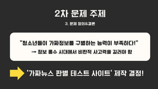 2차 문제 주제
“청소년들이 가짜정보를 구별하는 능력이 부족하다!”
3. 문제 정의&결론
→ 정보 홍수 시대에서 비판적 사고력을 길러야 함
‘가짜뉴스 판별 테스트 사이트‘ 제작 결정!
 