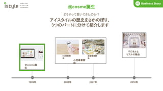 Business Story
02
1999年 2007年
2002年 2018年
＠cosme誕
生
小売事業開
始
店舗事業開
始
デジタルと
リアルの融合
EC事業開
始
アイスタイルの歴史をさかのぼり、
3つのパートに分けて紹介します
どうやって繋いできたのか？
@cosme誕生
 