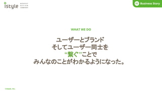 ユーザーとブランド
そしてユーザー同士を
“繋ぐ”ことで
みんなのことがわかるようになった。
WHAT WE DO
COMPANY
01
©istyle, Inc.
What’s istyle?
01 Business Story
02
 