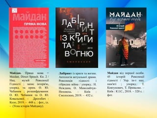 Майдан. Пряма мова =
Maidan. Direct Speech. Кн. 2 /
Нац. музей Революції
Гідності ; запис інтерв'ю,
упоряд. та прим. О. Ю.
Чебанюк ; розшифрування:
О. Ю. Чебанюк та О. Ю.
Ковальової. – Дрогобич :
Коло, 2019. – 448 с. : фот., іл.
– (Усна історія Майдану).
Лабіринт із криги та вогню.
Антологія актуальної драми.
Революція гідності і
гібридна війна / упоряд.: Н.
Неждана, О. Миколайчук-
Низовець. – Київ :
Смолоскип, 2019. – 432 с.
Майдан від першої особи.
45 історій Революції
гідності / Укр. ін-т нац.
пам'яті ; упоряд.: Т.
Ковтунович, Т. Привалко. –
Київ : К.І.С., 2018. – 320 с. :
фот.
 