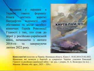 Видання є першим в
Україні такого формату.
Книга містить короткі
біографічні відомості про
обставини та місце загибелі
вінничан: Героїв Революції
Гідності і тих, хто став до
зброї у російсько-українській
війні, починаючи з лютого
2014-го та завершуючи
лютим 2022 року.
Книга пам’яті полеглих за Україну. Вінницька область. Книга 1. 18.02.2014-23.02.2022.
Вінничани, які загинули у боротьбі за суверенітет України: учасники Революції
Гідності та російсько-української війни / заг. ред. і упоряд. О. А. Коляструк [та ін.]. –
Вінниця : Вінниц. обл. друк., 2023. – 320 с.
 