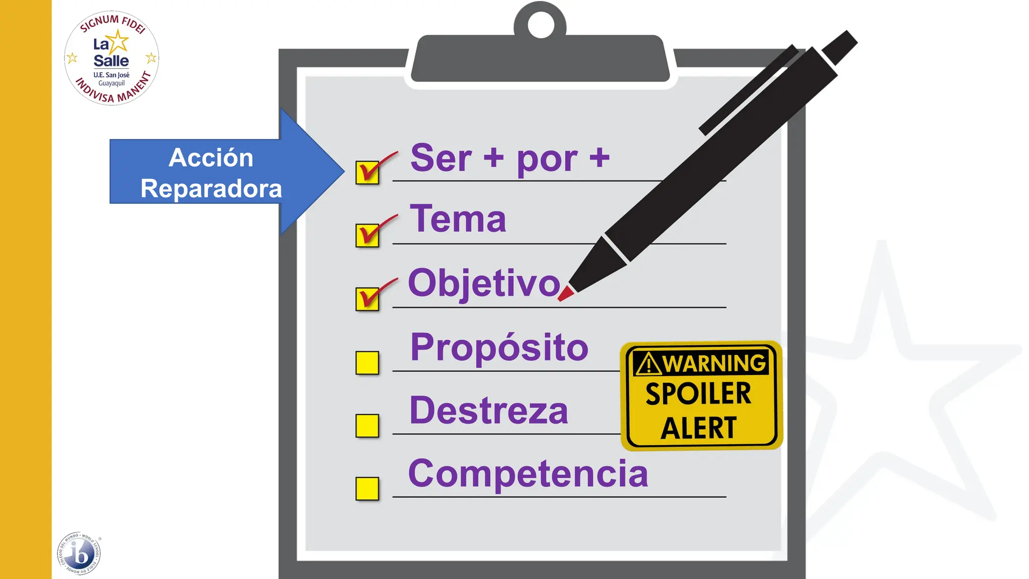 Tema
Objetivo
Propósito
Ser + por +
Destreza
Competencia
Acción
Reparadora
 