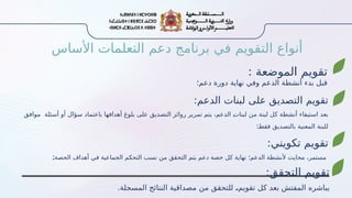 ‫األساس‬ ‫التعلمات‬ ‫دعم‬ ‫برنامج‬ ‫في‬ ‫التقويم‬ ‫أنواع‬
: ‫الموضعة‬ ‫تقويم‬
‫دعم؛‬ ‫دورة‬ ‫نهاية‬ ‫وفي‬ ‫الدعم‬ ‫أنشطة‬ ‫بدء‬ ‫قبل‬
:‫الدعم‬ ‫لبنات‬ ‫على‬ ‫التصديق‬ ‫تقويم‬
‫موافق‬ ‫أسئلة‬ ‫أو‬ ‫سؤال‬ ‫باعتماد‬ ‫أهدافها‬ ‫بلوغ‬ ‫على‬ ‫التصديق‬ ‫روائز‬ ‫تمرير‬ ‫يتم‬ ،‫الدعم‬ ‫ـ‬
‫ت‬‫لبنا‬ ‫من‬ ‫لبنة‬ ‫كل‬ ‫أنشطة‬ ‫استيفاء‬ ‫بعد‬
‫ـ؛‬
‫ط‬‫فق‬ ‫بالتصديق‬ ‫المعنية‬ ‫للبنة‬
:‫تكويني‬ ‫تقويم‬
‫ـ‬
‫؛‬‫الحصة‬ ‫أهداف‬ ‫في‬ ‫الجماعية‬ ‫التحكم‬ ‫نسب‬ ‫من‬ ‫التحقق‬ ‫يتم‬ ‫دعم‬ ‫حصة‬ ‫كل‬ ‫نهاية‬ ‫الدعم؛‬ ‫ألنشطة‬ ‫محايث‬ ،‫مستمر‬
:‫التحقق‬ ‫تقويم‬
.‫المسجلة‬ ‫النتائج‬ ‫مصداقية‬ ‫من‬ ‫للتحقق‬ ‫ـ‬
،‫تقويم‬ ‫كل‬ ‫بعد‬ ‫المفتش‬ ‫يباشره‬
 