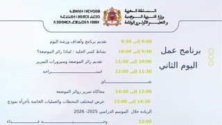 ‫عمل‬ ‫برنامج‬
‫الثاني‬ ‫اليوم‬
9:00
‫إلى‬
9:30
‫اليوم‬ ‫ورشة‬ ‫وأهداف‬ ‫برنامج‬ ‫تقديم‬
9:30
‫إلى‬
10:00
‫الموضعة؟‬ ‫رائز‬ ‫لماذا‬ : ‫الجليد‬ ‫كسر‬ ‫نشاط‬
10:00
‫إلى‬
11:30
‫التمرير‬ ‫وسيرورات‬ ‫الموضعة‬ ‫رائز‬ ‫تقديم‬
11:30
‫إلى‬
12:00
‫استـــــــــــــــــــــــــــــــــــــراحة‬
‫شـــــــــــــــــــــــــــــــــــاي‬
12:00
‫إلى‬
14:30
‫الموضعة‬ ‫روائز‬ ‫تمرير‬ ‫محاكاة‬
14:30
‫إلى‬
15:00
‫نموذج‬ ‫بأجرأة‬ ‫الخاصة‬ ‫والعمليات‬ ‫المحطات‬ ‫لمختلف‬ ‫عرض‬
‫الدراسي‬ ‫الموسم‬ ‫خالل‬ ‫الريادة‬
2025
-
2026
15:00
‫غـــــــــــــــــــــذاء‬ ‫وجــــــــــــــــــــــــبــــــــــــــــــــــــة‬
 