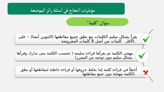 ‫على‬ – (‫أيضا‬ ‫(التنوين‬ ‫مقاطعها‬ ‫جميع‬ ‫نطق‬ ‫مع‬ ‫الكلمات‬ ‫سليم‬ ‫بشكل‬ ‫يقرأ‬
‫أصل‬ ‫من‬ ‫كلمات‬ ‫األقل‬
8
‫المعروضة‬ ‫كلمات‬ .
‫وقرأها‬ ‫تدارك‬ ‫متى‬ ‫الكلمة‬ ‫تحتسب‬ ( ‫سليمة‬ ‫قراءة‬ ‫يقرأها‬ ‫ثم‬ ‫الكلمة‬ ‫يتهجى‬
)‫الممرر‬ ‫من‬ ‫توجيه‬ ‫ـون‬
‫د‬ ‫سليم‬ ‫بشكل‬
‫نطق‬ ‫أو‬ ‫لمقاطعها‬ ‫خاطئة‬ ‫قراءة‬ ‫أو‬ ‫حروفها‬ ‫بخلط‬ ‫إما‬ ‫كلمة‬ ‫قراءة‬ ‫في‬ ‫أخطأ‬
‫مقاطعها‬ ‫جمع‬ ‫ـون‬
‫د‬ ‫بتهجئة‬ ‫الكلمة‬.
‫الموضعة‬‫ائز‬‫ر‬‫سئلة‬
‫أ‬
‫في‬‫النجاح‬ ‫ات‬‫ر‬‫مؤش‬
"‫"كلمة‬‫سؤال‬
 