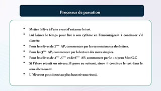 Processusdepassation
• Mettrel’élèveàl’aiseavantd’entamerletest.
• Lui laisser le temps pour lire à son rythme en l’encourageant à continuer s’il
s’arrête.
• Pourlesélèvesde2ème
AP,commencerparlareconnaissancedeslettres.
• Pourles3ème
AP,commencerparlalecturedesmotssimples.
• Pourlesélèvesde4ème
,5ème
etde6ème
AP,commencerparle«niveauMotG.C
• Si l’élève réussit un niveau, il passe au suivant, sinon il continue le test dans le
sensdécroissant.
• L’élèveestpositionnéauplushautniveauréussi.
 