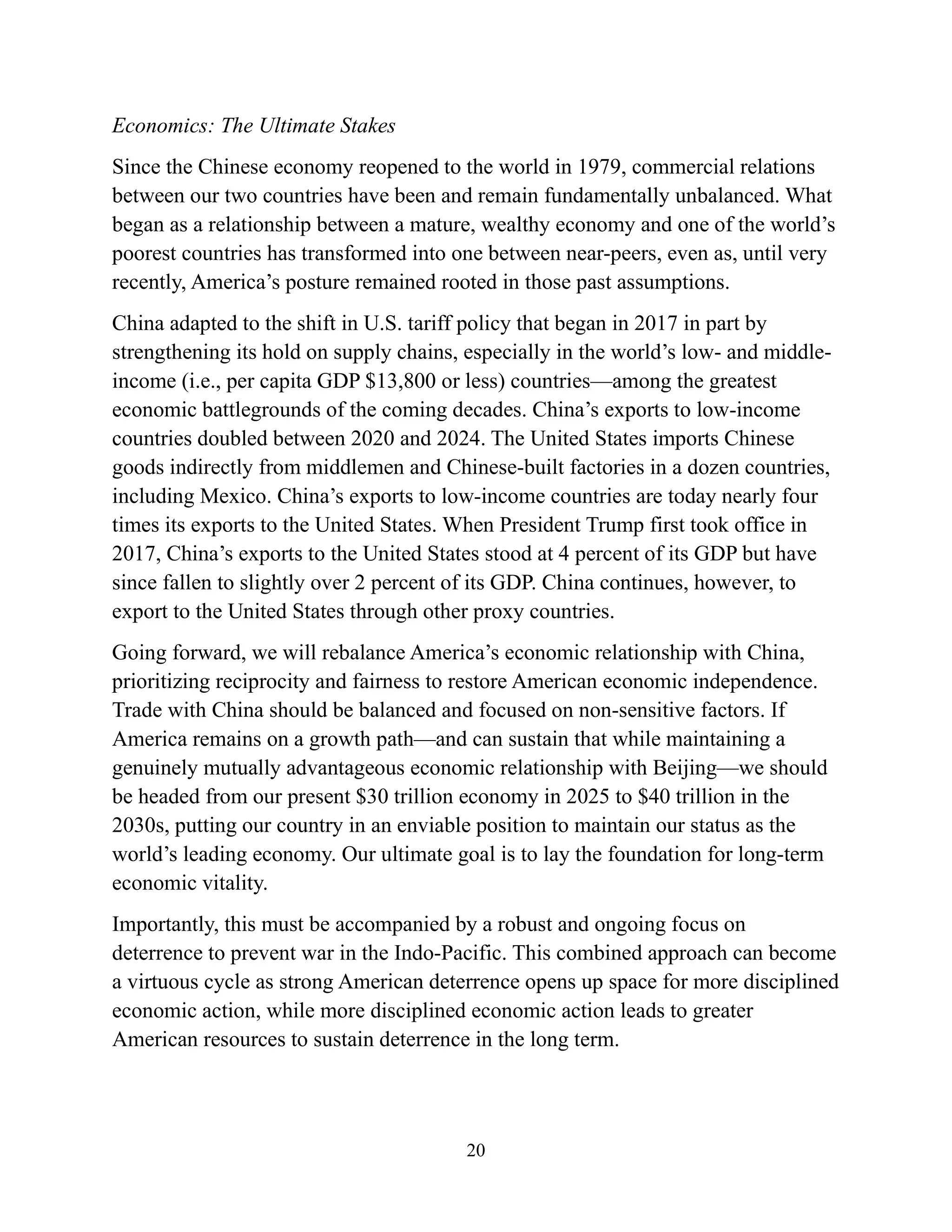 20
Economics: The Ultimate Stakes
Since the Chinese economy reopened to the world in 1979, commercial relations
between our two countries have been and remain fundamentally unbalanced. What
began as a relationship between a mature, wealthy economy and one of the world’s
poorest countries has transformed into one between near-peers, even as, until very
recently, America’s posture remained rooted in those past assumptions.
China adapted to the shift in U.S. tariff policy that began in 2017 in part by
strengthening its hold on supply chains, especially in the world’s low- and middle-
income (i.e., per capita GDP $13,800 or less) countries—among the greatest
economic battlegrounds of the coming decades. China’s exports to low-income
countries doubled between 2020 and 2024. The United States imports Chinese
goods indirectly from middlemen and Chinese-built factories in a dozen countries,
including Mexico. China’s exports to low-income countries are today nearly four
times its exports to the United States. When President Trump first took office in
2017, China’s exports to the United States stood at 4 percent of its GDP but have
since fallen to slightly over 2 percent of its GDP. China continues, however, to
export to the United States through other proxy countries.
Going forward, we will rebalance America’s economic relationship with China,
prioritizing reciprocity and fairness to restore American economic independence.
Trade with China should be balanced and focused on non-sensitive factors. If
America remains on a growth path—and can sustain that while maintaining a
genuinely mutually advantageous economic relationship with Beijing—we should
be headed from our present $30 trillion economy in 2025 to $40 trillion in the
2030s, putting our country in an enviable position to maintain our status as the
world’s leading economy. Our ultimate goal is to lay the foundation for long-term
economic vitality.
Importantly, this must be accompanied by a robust and ongoing focus on
deterrence to prevent war in the Indo-Pacific. This combined approach can become
a virtuous cycle as strong American deterrence opens up space for more disciplined
economic action, while more disciplined economic action leads to greater
American resources to sustain deterrence in the long term.
 
