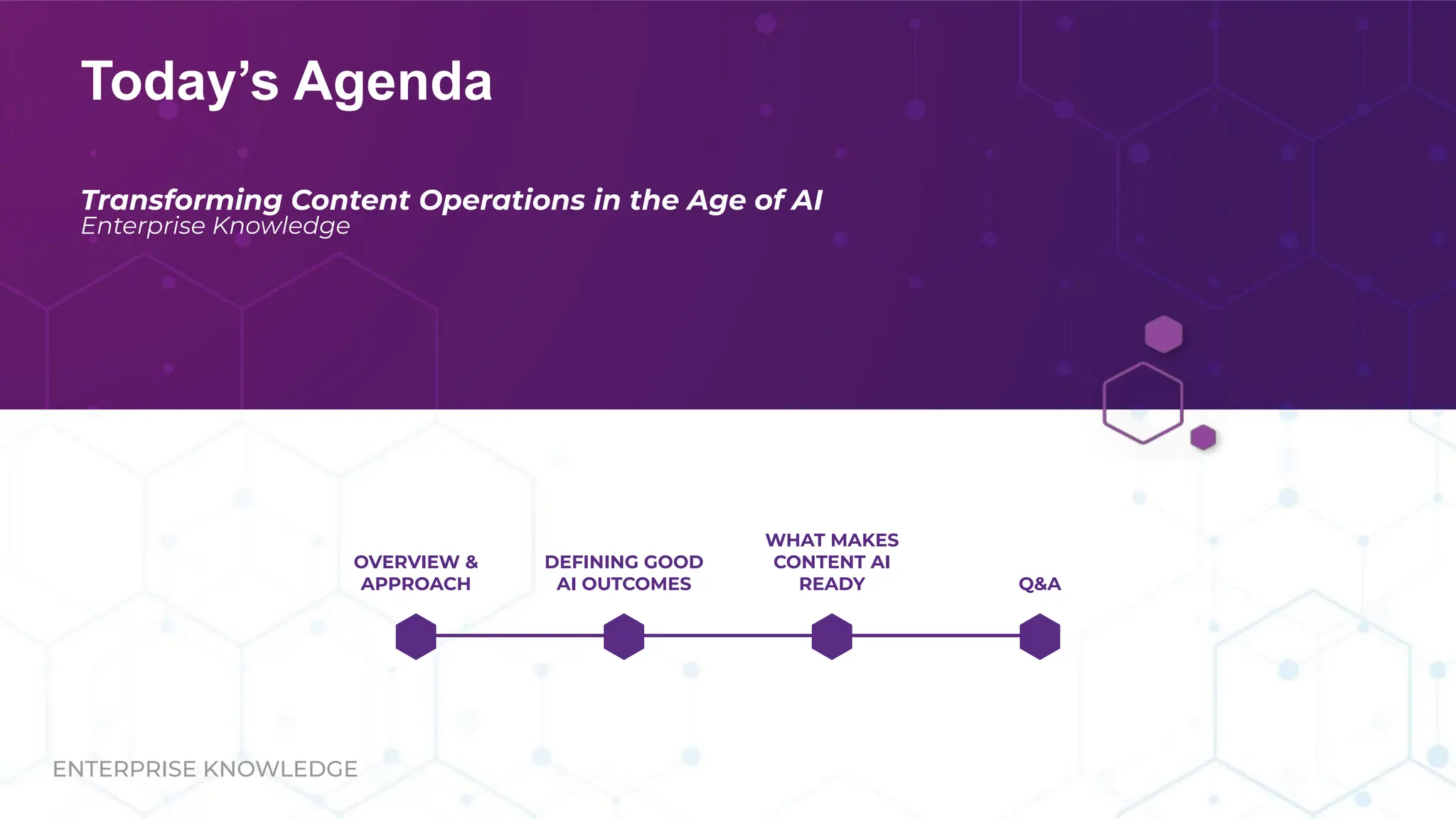 ENTERPRISE KNOWLEDGE
Today’s Agenda
Transforming Content Operations in the Age of AI
Enterprise Knowledge
OVERVIEW &
APPROACH
DEFINING GOOD
AI OUTCOMES Q&A
WHAT MAKES
CONTENT AI
READY
 