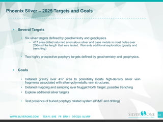 WWW.SILVERONE.COM TSX-V: SVE FF: BRK1 OTCQX: SLVRF
▪ Several Targets
• Six silver targets defined by geochemistry and geophysics
– 417 area drilled returned anomalous silver and base metals in most holes over
250m strike length that was tested. Warrants additional exploration (gravity and
trenching)
• Two highly prospective porphyry targets defined by geochemistry and geophysics.
▪ Goals
• Detailed gravity over 417 area to potentially locate high-density silver vein
fragments associated with silver-polymetallic vein structures.
• Detailed mapping and sampling over Nugget North Target, possible trenching
• Explore additional silver targets
• Test presence of buried porphyry related system (IP/MT and drilling)
Phoenix Silver – 2025 Targets and Goals
32
 