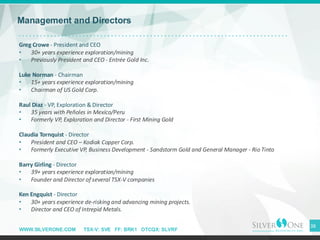 WWW.SILVERONE.COM TSX-V: SVE FF: BRK1 OTCQX: SLVRF
Management and Directors
38
Greg Crowe - President and CEO
• 30+ years experience exploration/mining
• Previously President and CEO - Entrée Gold Inc.
Luke Norman - Chairman
• 15+ years experience exploration/mining
• Chairman of US Gold Corp.
Raul Diaz - VP, Exploration & Director
• 35 years with Peñoles in Mexico/Peru
• Formerly VP, Exploration and Director - First Mining Gold
Claudia Tornquist - Director
• President and CEO – Kodiak Copper Corp.
• Formerly Executive VP, Business Development - Sandstorm Gold and General Manager - Rio Tinto
Barry Girling - Director
• 39+ years experience exploration/mining
• Founder and Director of several TSX-V companies
Ken Engquist - Director
• 30+ years experience de-risking and advancing mining projects.
• Director and CEO of Intrepid Metals.
 