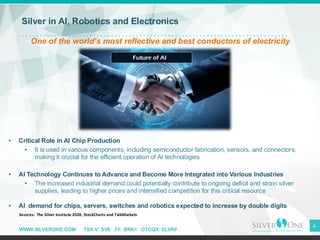 WWW.SILVERONE.COM TSX-V: SVE FF: BRK1 OTCQX: SLVRF
6
Silver in AI, Robotics and Electronics
One of the world’s most reflective and best conductors of electricity
• Critical Role in AI Chip Production
• It is used in various components, including semiconductor fabrication, sensors, and connectors,
making it crucial for the efficient operation of AI technologies
• AI Technology Continues to Advance and Become More Integrated into Various Industries
• The increased industrial demand could potentially contribute to ongoing deficit and strain silver
supplies, leading to higher prices and intensified competition for this critical resource​
• AI demand for chips, servers, switches and robotics expected to increase by double digits
Sources: The Silver Institute 2024, StockCharts and TalkMarkets
 