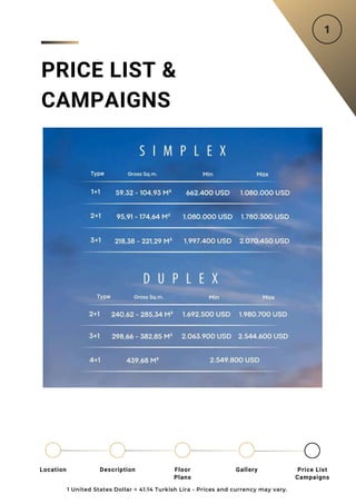 PRICE LIST &
CAMPAIGNS
1 United States Dollar = 41.14 Turkish Lira - Prices and currency may vary.
Location Floor
Plans
Gallery
Description Price List
Campaigns
 