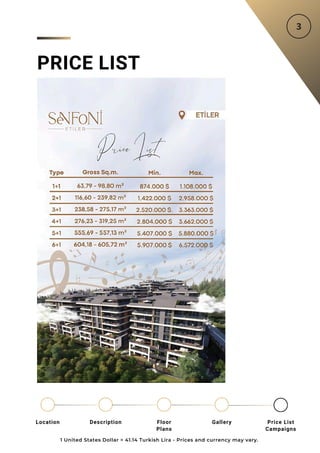 PRICE LIST
1 United States Dollar = 41.14 Turkish Lira - Prices and currency may vary.
Location Floor
Plans
Gallery
Description Price List
Campaigns
 